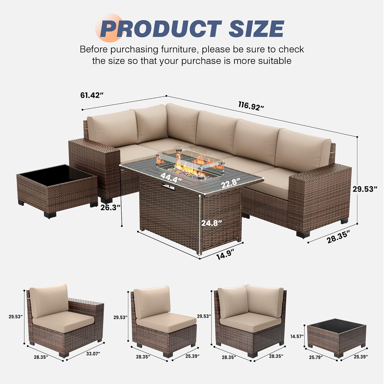 Patio Furniture Set, Ampatio 7-Piece Outdoor Sectional Sofa with Fire Pit Table for Backyard & Porch, Wicker | Metal | Brown