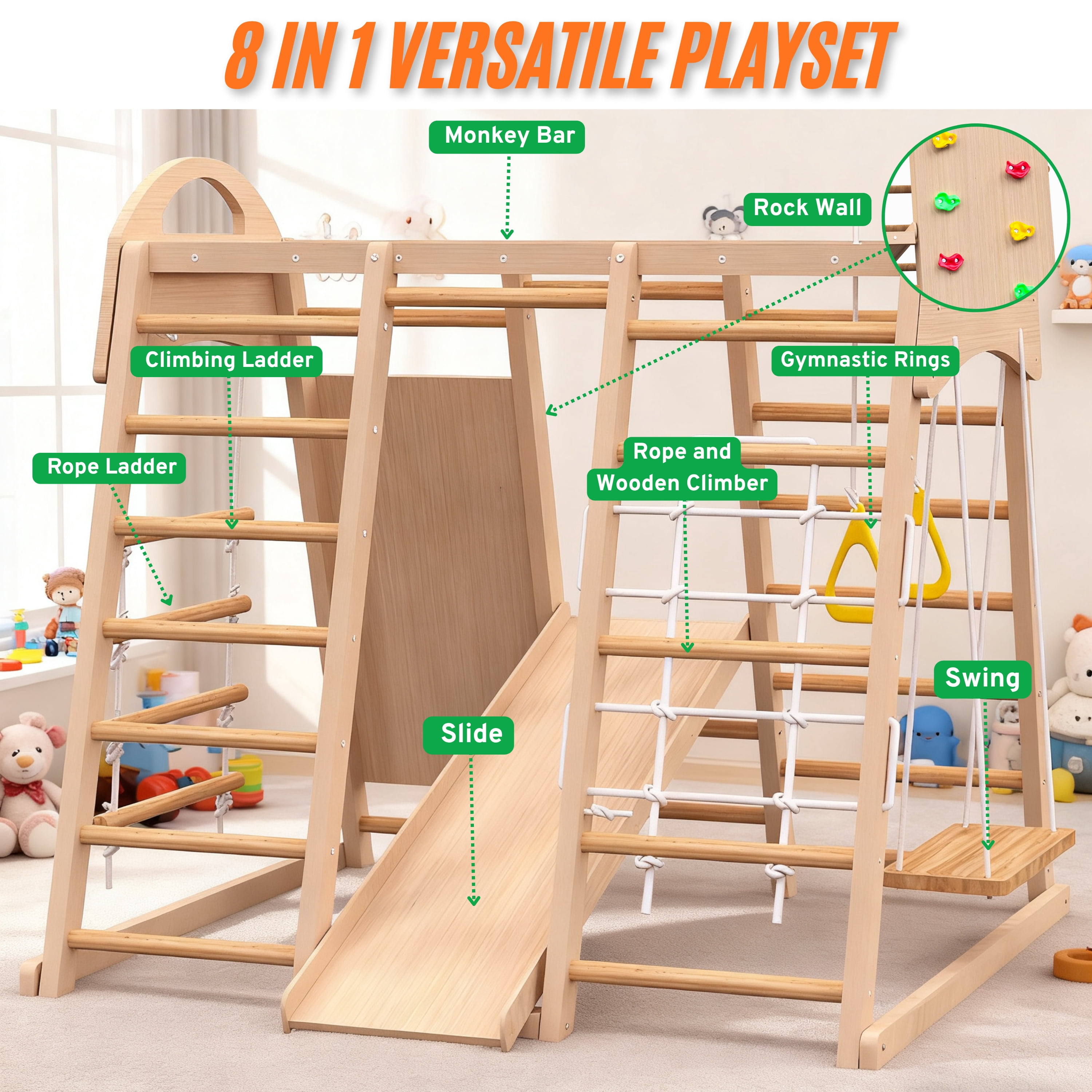 EUROCO Wooden Climbing Toys, Playground Jungle Gym for Kids and Toddlers, Climb and Slide Set with Gymnastic Rings, Rock Wall, Swing, Slide and Rope Climber