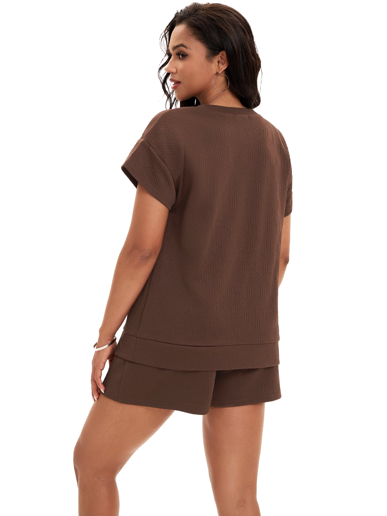 DARING DIVA Women's Summer 2 Pieces Outfits Short Sleeve Tops Shorts M Brown