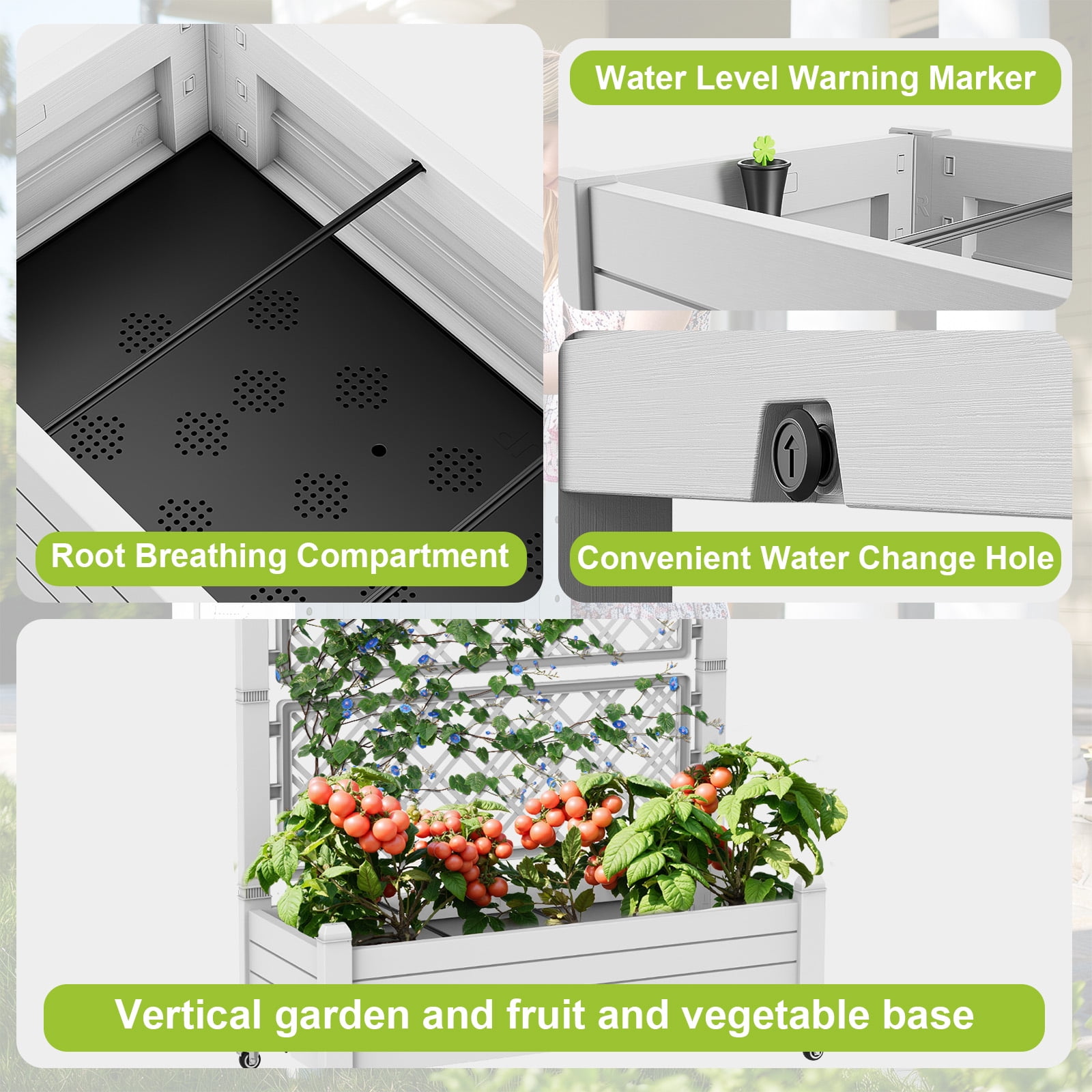 Joxxoaa Raised Garden Bed with Trellis, Large Outdoor Planter Trellis Box with Drainage Holes and Wheels for Climbing Plants.(Ashen）