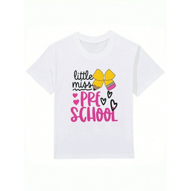 Kids Cotton T-Shirt, First Day Of School Top White Short Sleeve Tee For PRE-K, Print Summer Outdoor Sports Shirts, Size 4Y-13Y With White, First Day Preschool Shirt Girls Summer Clothing Tee Summer T