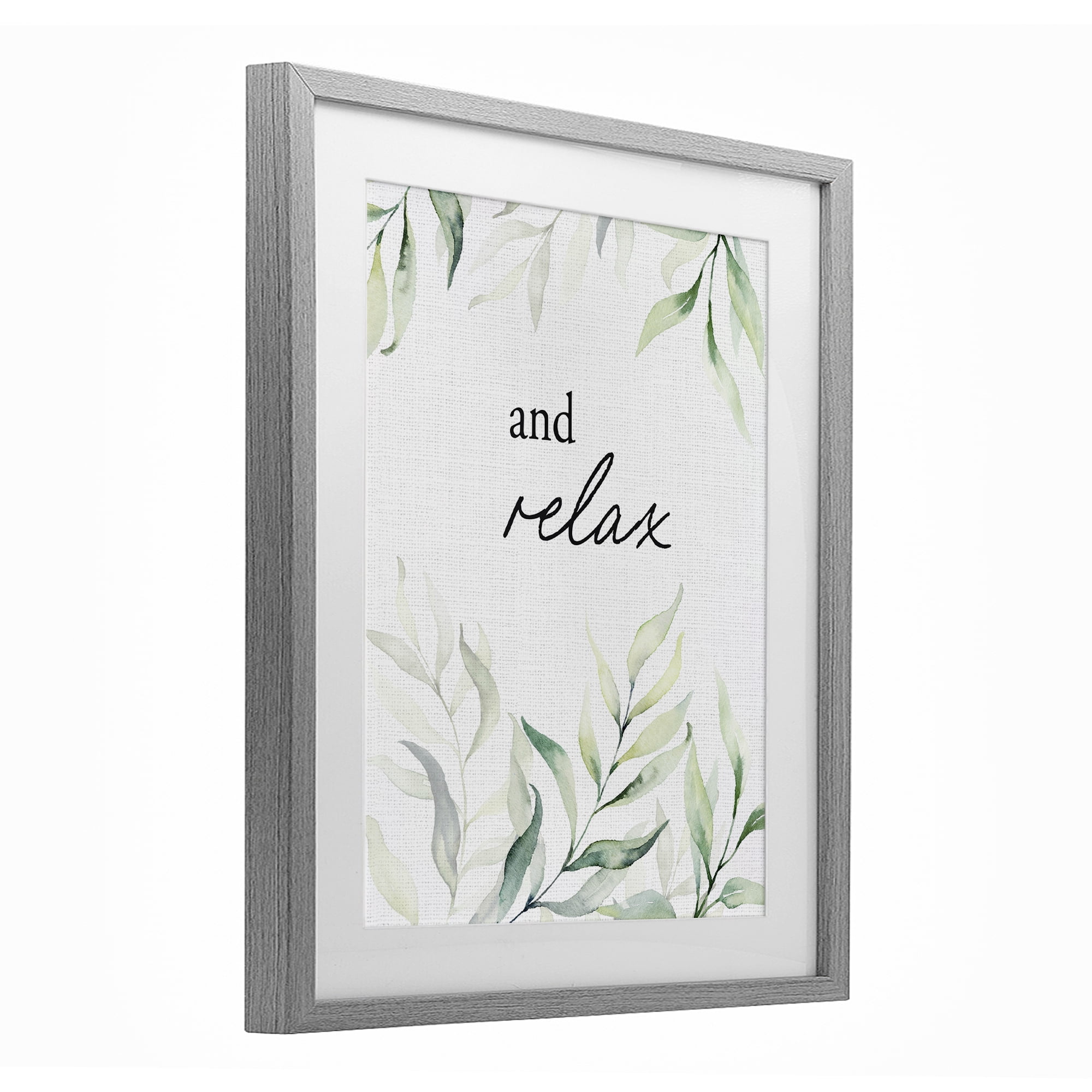 And Relax Soothing Greenery Gray Framed Print Under Glass, design by Lettered and Lined