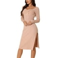 thumbnail image 4 of Vestido midi de punto acanalado de ajuste ceñido de manga larga para mujer INSPIRE CHIC color rosa M, 4 of 6