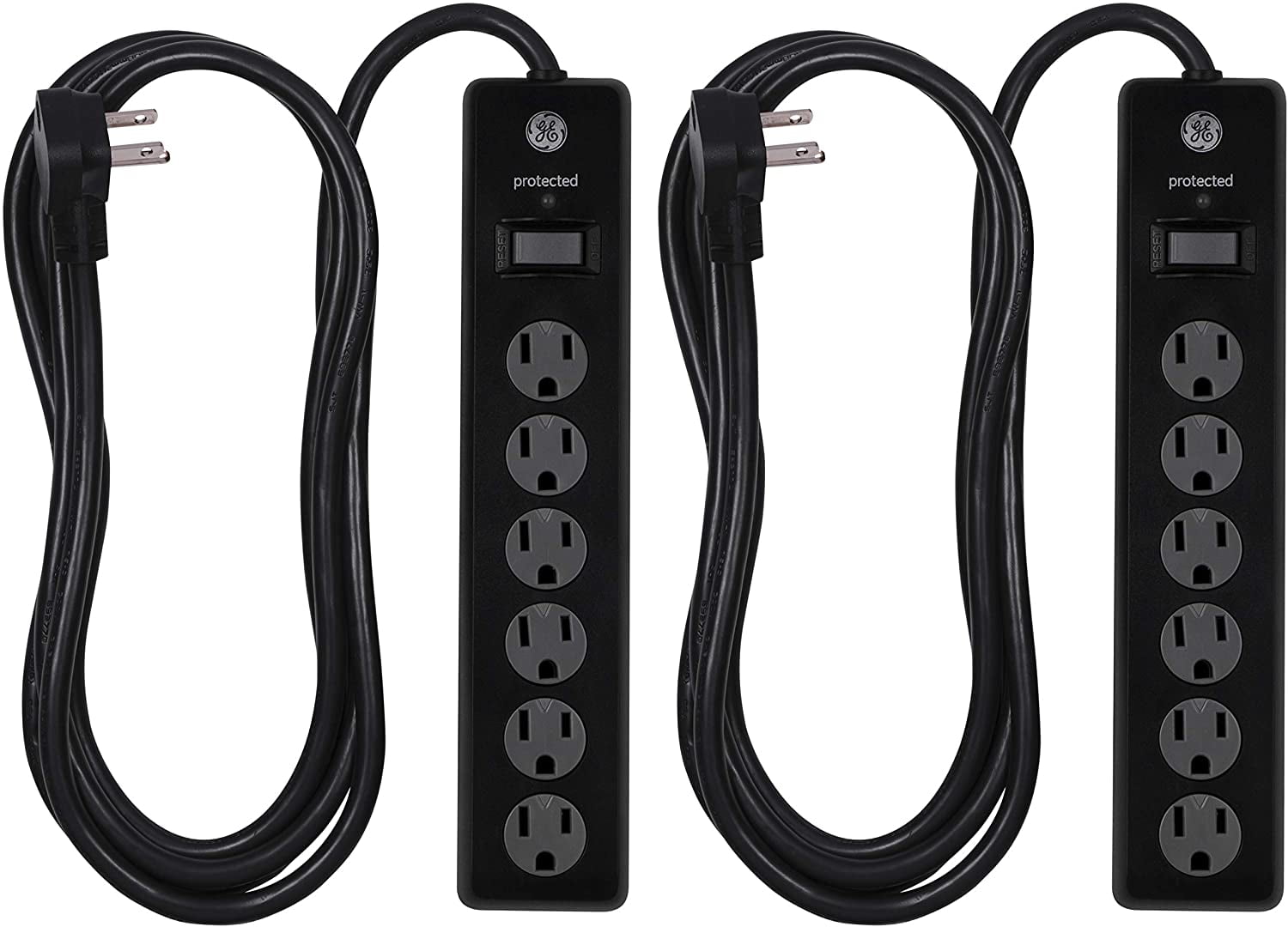 Power Strip GE 6 Outlet Surge Protector 2 Pack Twist-to-Close Safety Covers 54646 600 Joules Black 10 Ft Extension Cord 