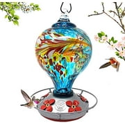 Grateful Gnome - Hummingbird Feeder - Hand Blown Glass - Large Blue Egg with Flowers - 36 Fluid Ounces Free Bonus Accessories S-Hook, Ant Moat, Brush and Hemp Rope Included