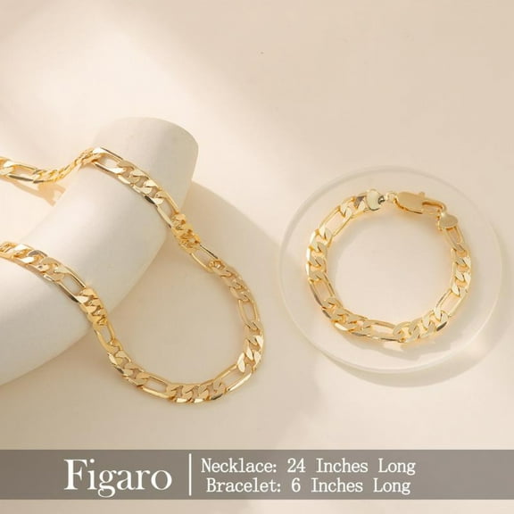VOLALO No Fade 14K Gold-Plated Cuban & Figaro Bracelet, Necklace, Set - 8mm/10mm wide, High Quality