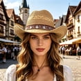 thumbnail image 2 of Womens Hat Unisex Western Boho Wide Brim Straw Sun Hat Beach Seaside Khaki One Size, 2 of 5