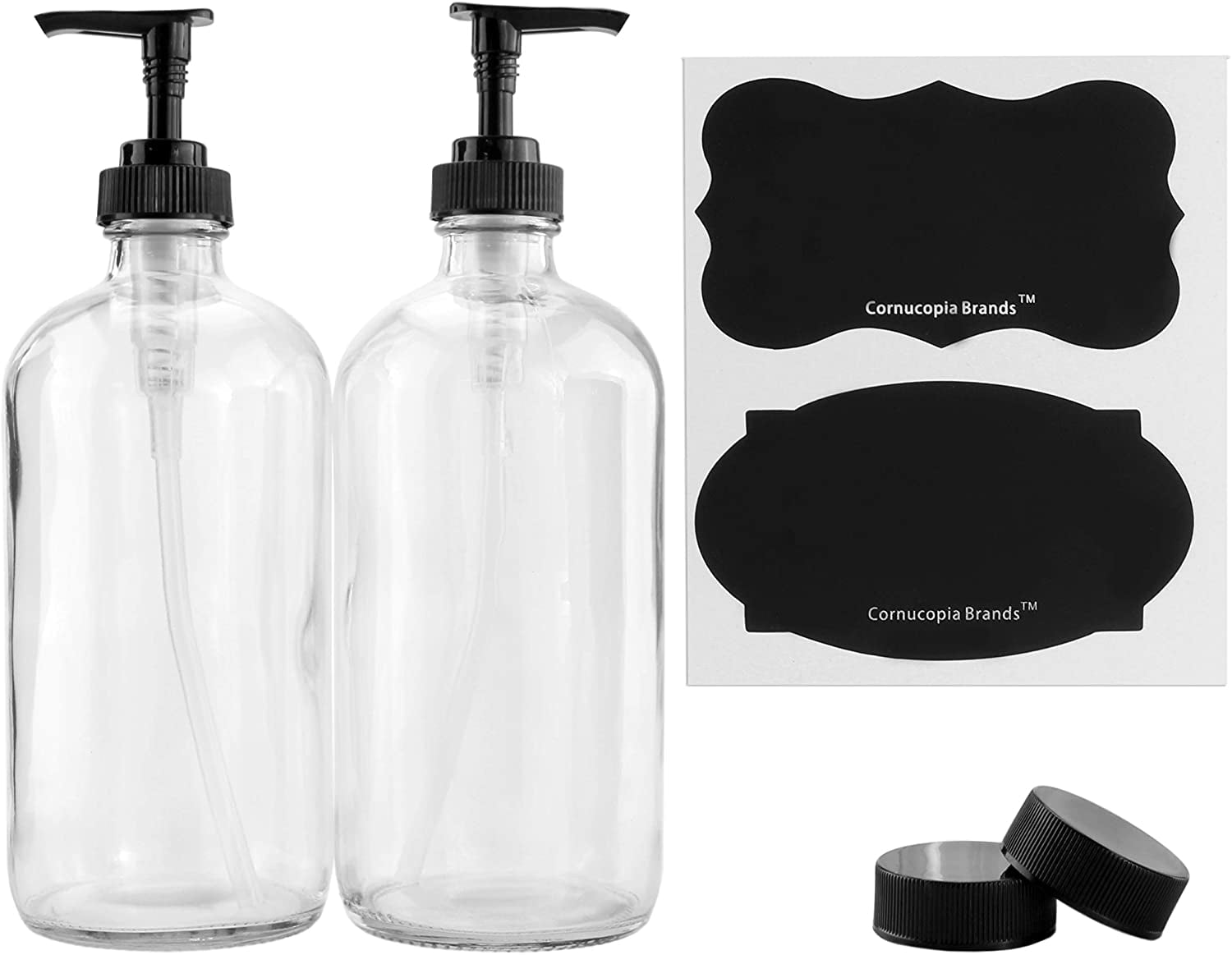16-Ounce Clear Glass Pump Bottles (2-Pack; 16oz), Refillable Soap Dispensers