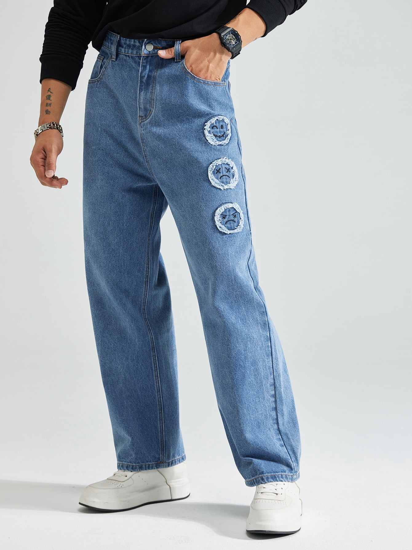 Men Cartoon Embroidery Raw Trim Jeans S 