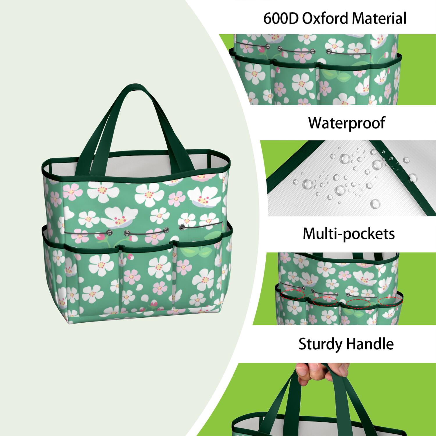 Bright Flowers Garden Tools Bag, Water-proof Oxford Garden Tote Home Organizer Gardening Tool Bag Kit Holder with 8 Pockets for Indoor and Outdoor Gardening(Tools Not Included)