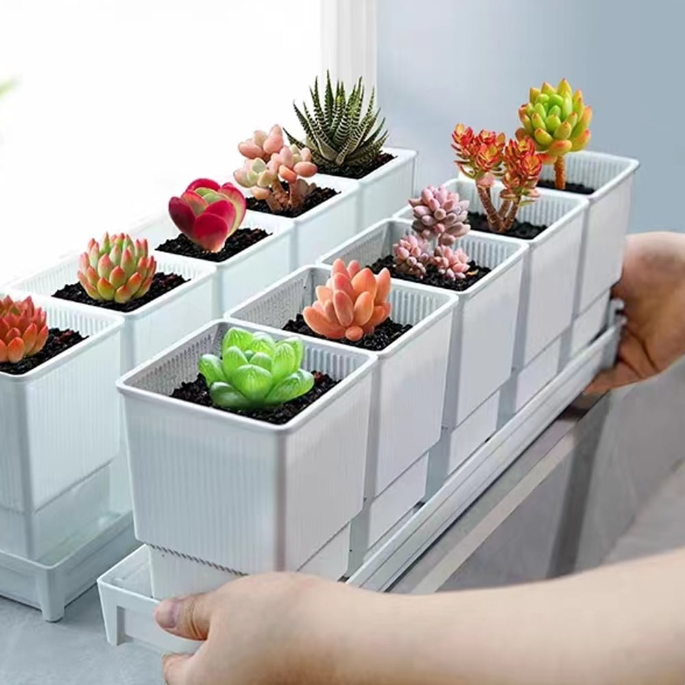 CSCHome 4 PCS Rectangle Plant Pot Plastic Breathable Planter with Drainage Holes and Tray High-Waisted Flowerpot for Succulents Gardening Home Window Decor
