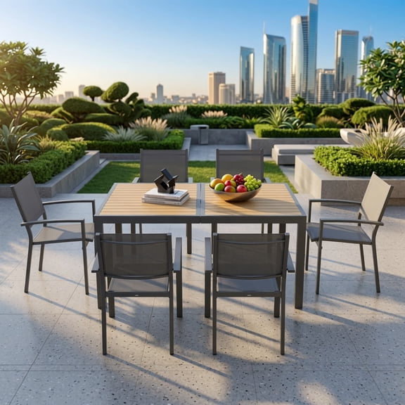 7-Piece Grey Patio Dining Set, 6-Seat All-Weather Heavy Duty HDPS Aluminum Rectangle Table & Textilene Metal Chairs for Patio, Porch, Garden