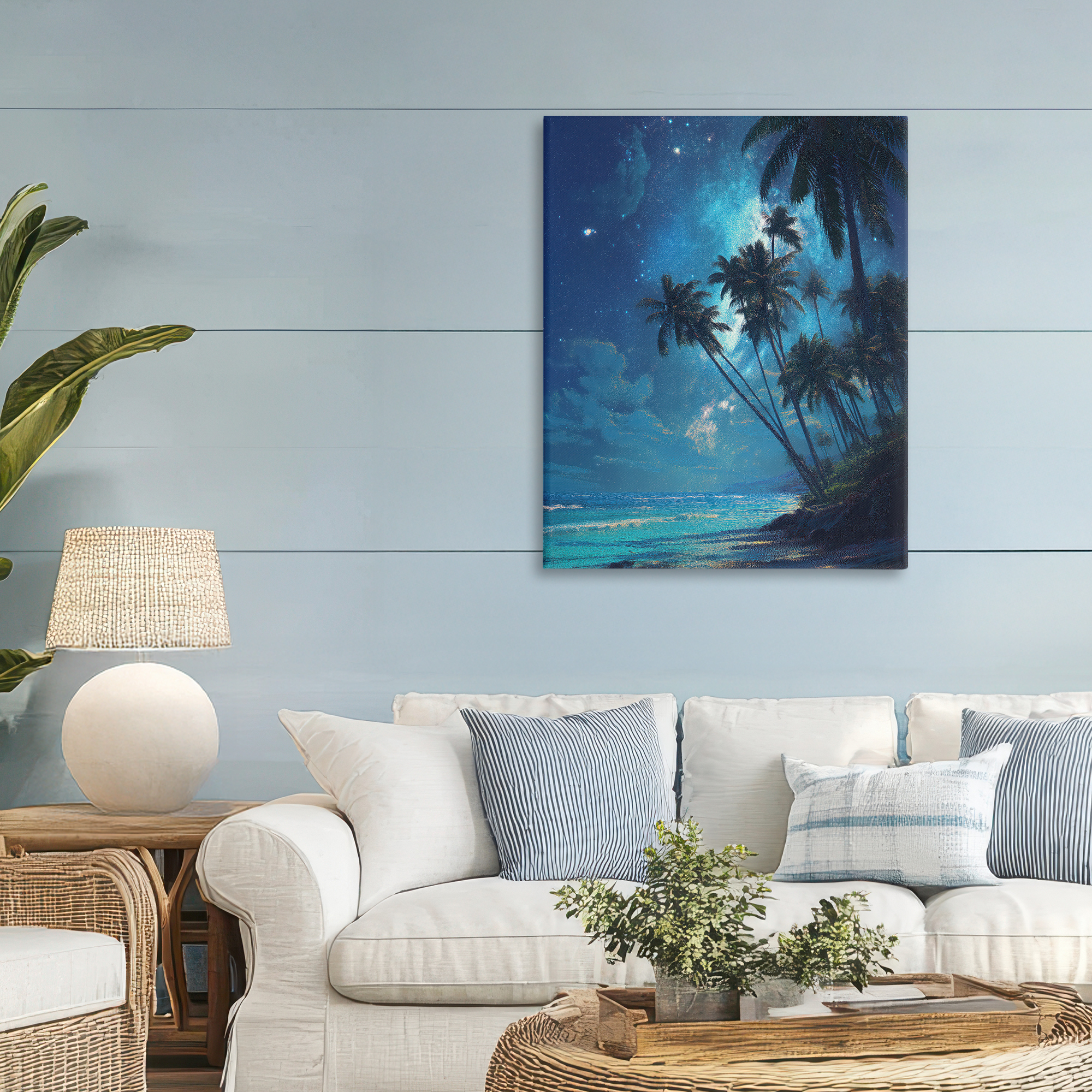 Moonlit Beach Palm Trees Canvas Wall Art, design by Ziwei Li