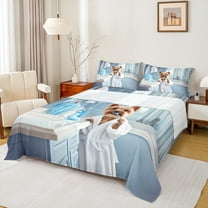 Manfei Lovely Puppy Dog Queen Sheet Sets,Cartoon Animal Flat Sheet,Blue White Queen Fitted Sheet For Child,Breathable Home Decor,4 Pieces