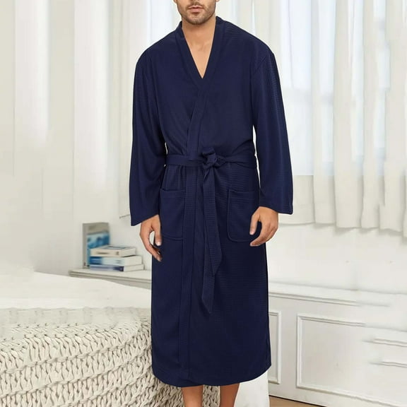 Donemore Men's Waffle Knit Bathrobe Loose Fit Comfortable Open Front Casual Loungewear Robe Home Spa Relaxation