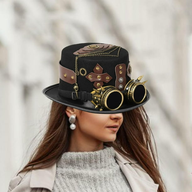 Sombrero De Copa Steampunk Con Gafas Y Cadenas – Accesorio Gótico De Fieltro Para Hombre Y Mujer, Ideal Para Cosplay, Halloween Y Fiestas Temáticas