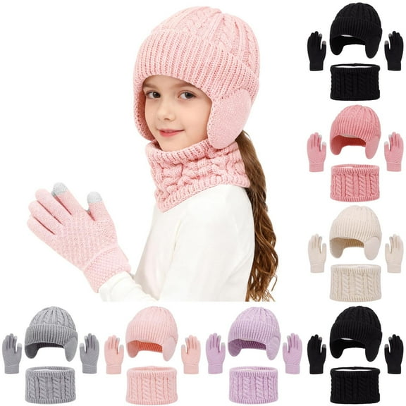 Cethrio Girls Hats, Scarves & Gloves Sets, Warm Windproof Winter Knitted Beanies, Neck Gaiters & Gloves Pink Size 2-18 T