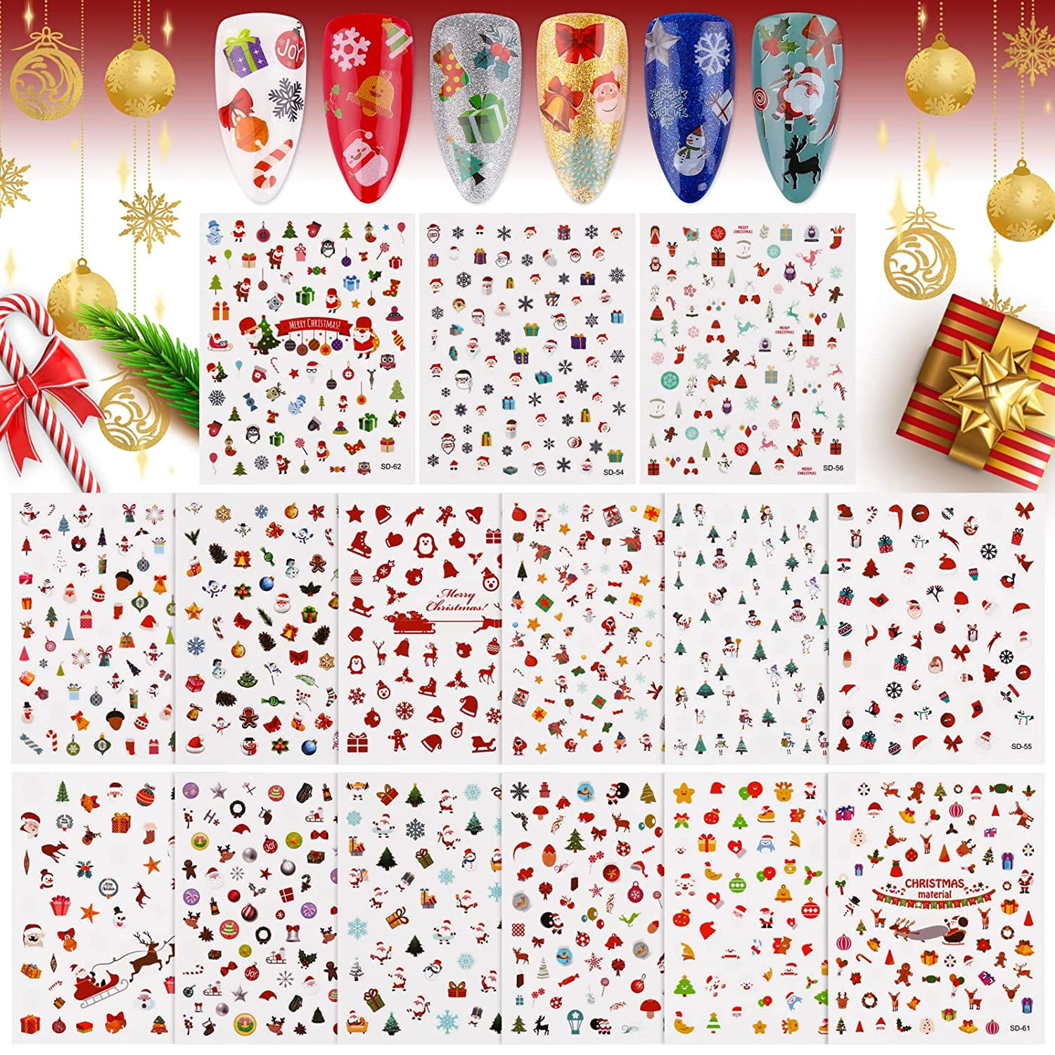 Kalolary Christmas Nail Art Stickers, 15 Sheets 3D Self-Adhesive Nail