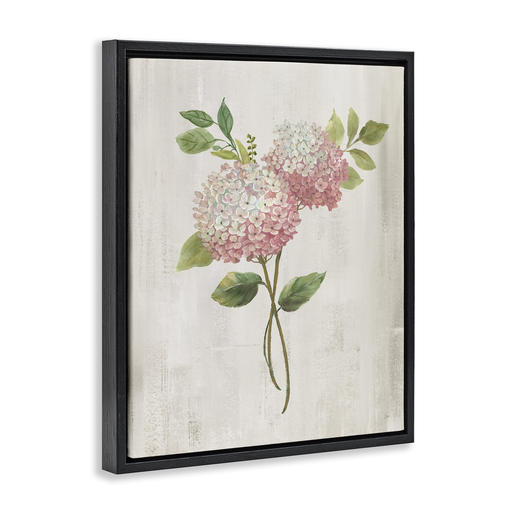 Stupell Industries Pink Hydrangea Paired Stems Black Framed Floater Canvas Wall Art, design by Nan