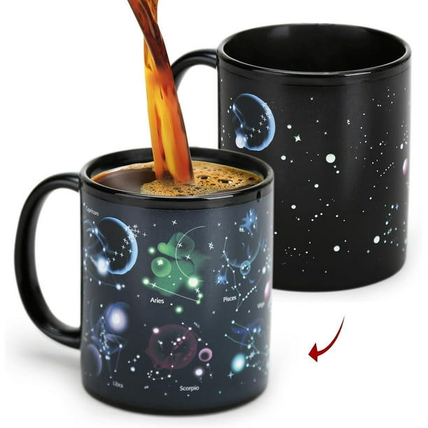 Taza de café, taza que cambia de color de 11 oz, taza de café de cerámica sensible al calor, 12 tazas con signos del zodíaco, espacio Regalo, taza divertida para hombres, mujeres, amigos, cumpleaños