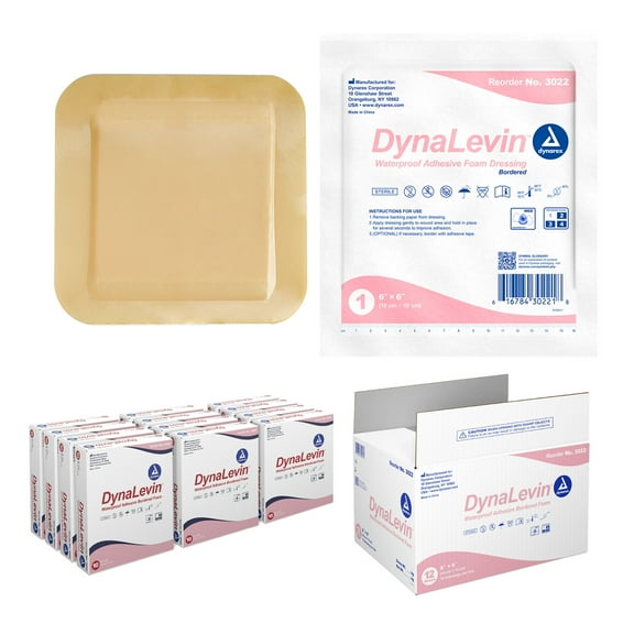 Dynarex DynaLevin Waterproof Adhesive Bordered Foam Dressing - 6" x 6", 12 Boxes of 10