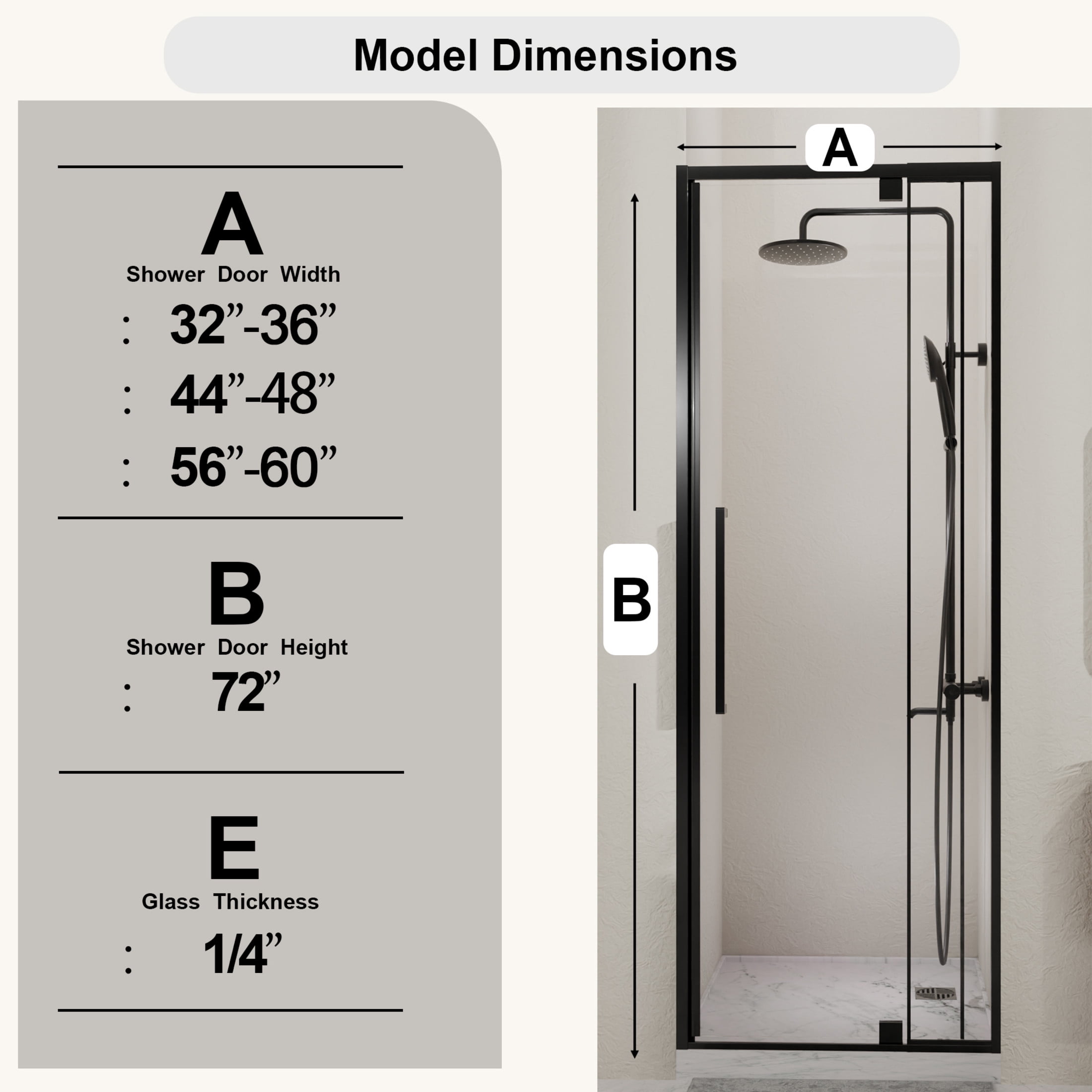 Noble House 36" Pivot Hinged Glass Shower Door, Adjustable Semi-Frameless Reversible Shower Door, Matte Black