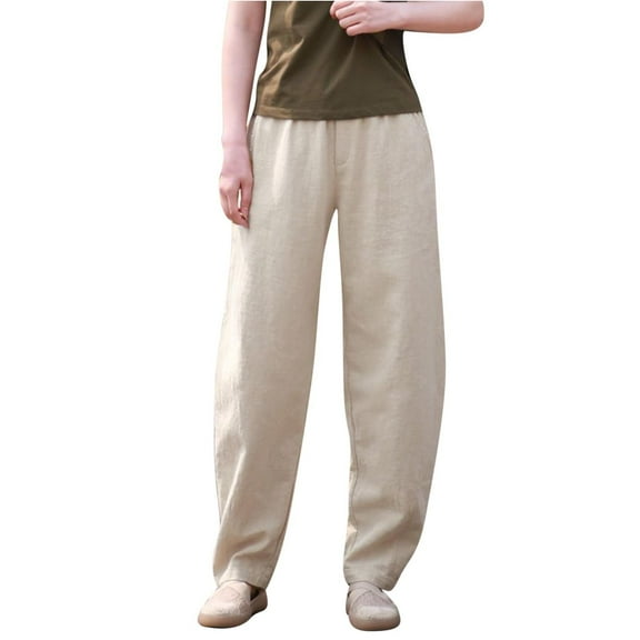 RYRJJ Cotton Linen Harem Pants for Women Elastic High Waisted Baggy Lounge Trousers Solid Wide Leg Pants with Pockets(Khaki,L)