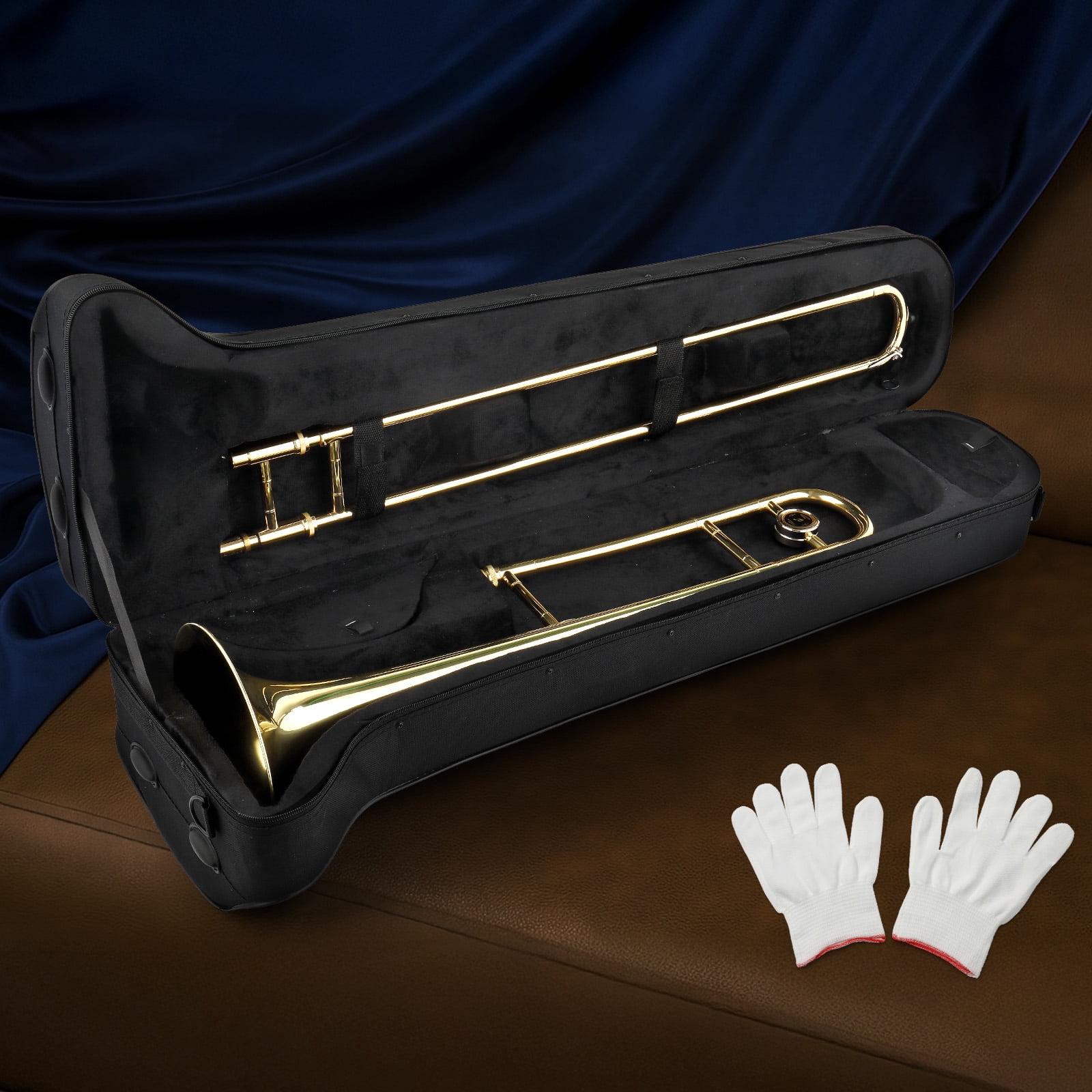 Ktaxon Bb Tenor Slide Trombone for Beginners Students, B Flat Brass Plated Trombone Instrument with Mouthpiece, White Gloves, Golden