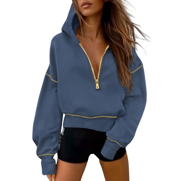 Sudadera para Mujer PRETTYGARDEN con Media Cremallera y Capucha Corta Gris Azul M
