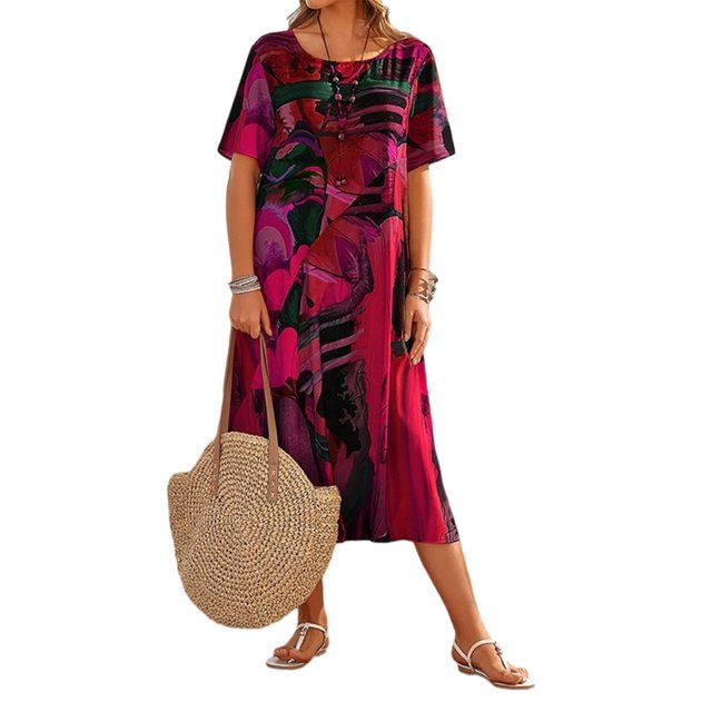 Sexy Dance Robe Longue Femme Imprimé Abstrait Maxi Robes Manches Courtes Été Plage Robe Hawaïenne Col Rond Rouge 2TG