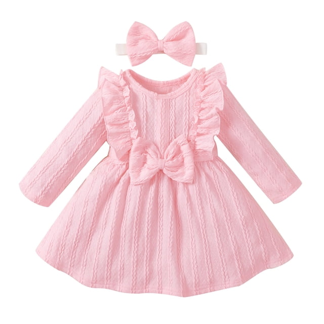 Odeerbi Niñas Ruffle Manga Larga Costilla de Punto de Algodón Vestido de Primavera Otoño Arco Princesa Vestidos de Cuello Redondo A-Line Dress