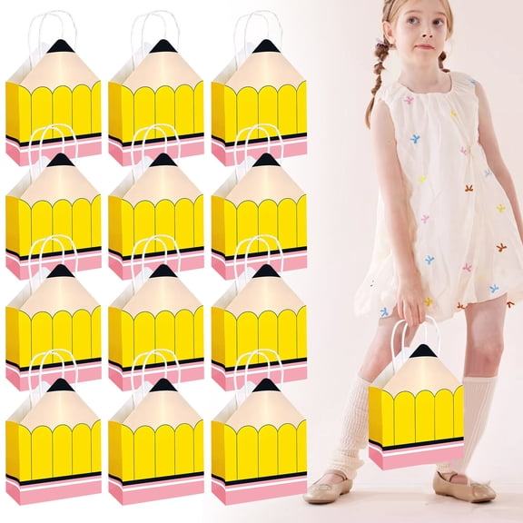Stationery Supplies Pencil Shaped Paper Gift Bags with Rope Handle 12 Pack for School Kindergarten Party