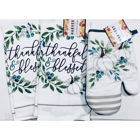 Seasonal Kitchen Linen Set - Fall Autumn Harvest Pumpkin Kitchen Towel Set - 2 Fall Kitchen Towels 1 Oven Mitt