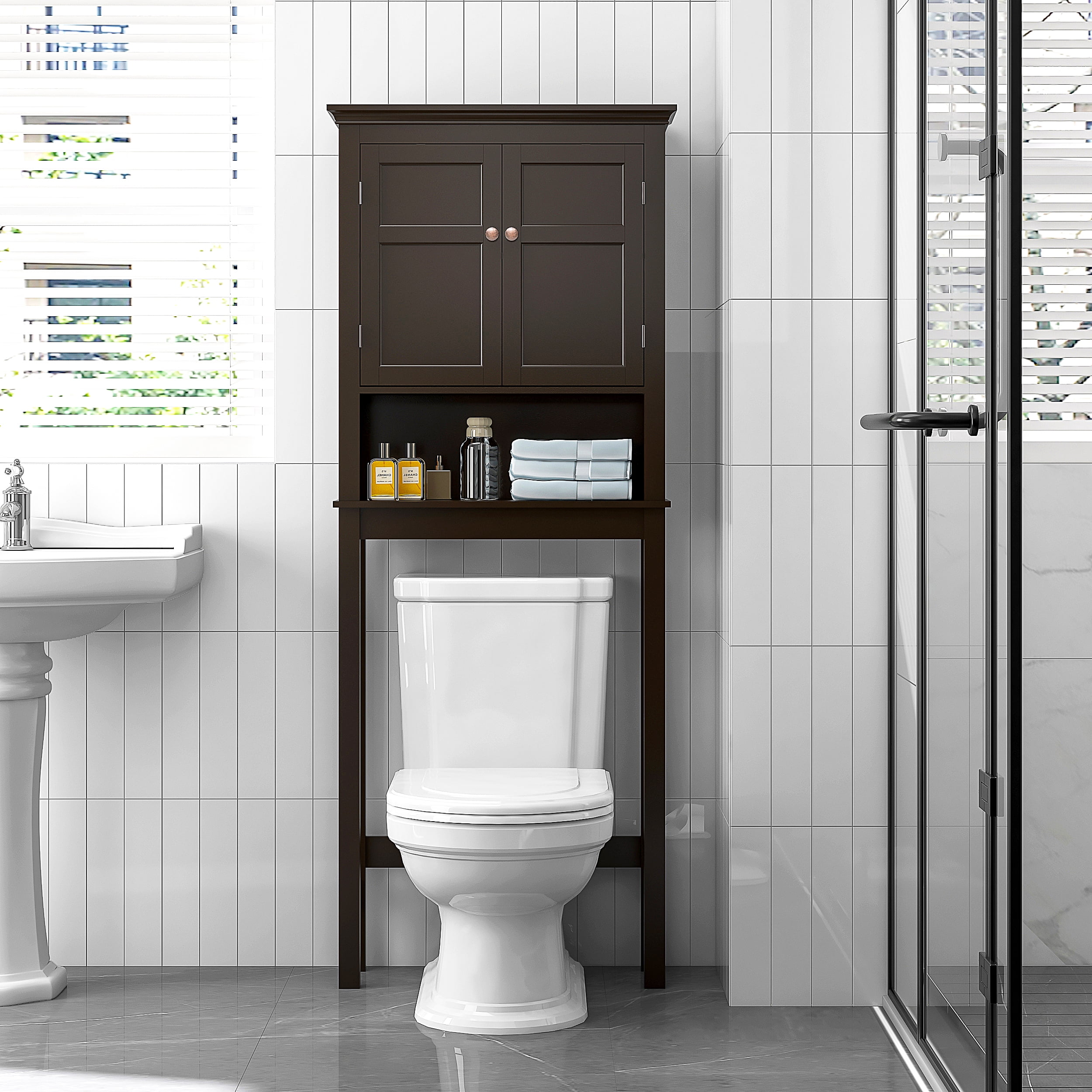 UTEX Bathroom Storage Over The Toilet, Bathroom Cabinet Organizer with Adjustable Shelves, Bathroom Space Saver for Bathroom, Espresso