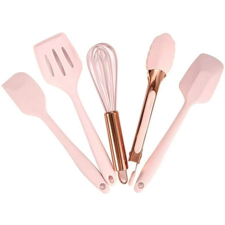 

Rose Gold And Pink Kitchen Utensil Small Five-Piece Set Mini Silicone Kids Kitchen Tools Whisk Spatula Tongs Spoon And Slotted Spatula(Kids Baking Supplies)