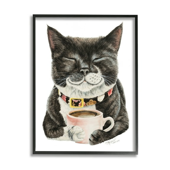 Stupell Industries Smiling Cat & Coffee Mug Animals & Insects Painting Black Framed Art Print Wall Art, 11 x 14