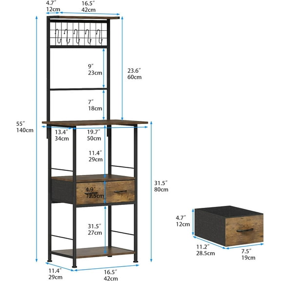 Small Coffee Bar Station Narrow Corner Baker Rack Stand with 2 Storage Fabric Drawers 5 S Hooks for Small Spaces Farmhouse Bakers Rack for Kitchen, Entryway, Living Room (Brown, Narrow)