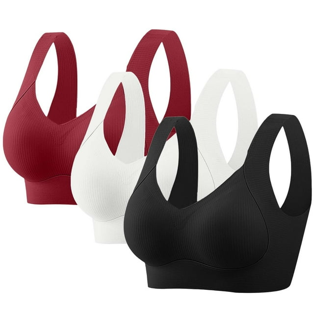 HongQid 3PCS No Underwire Comfortable Seamless Full-Coverage Wireless Bra for Women, Plus Sized Soft Support