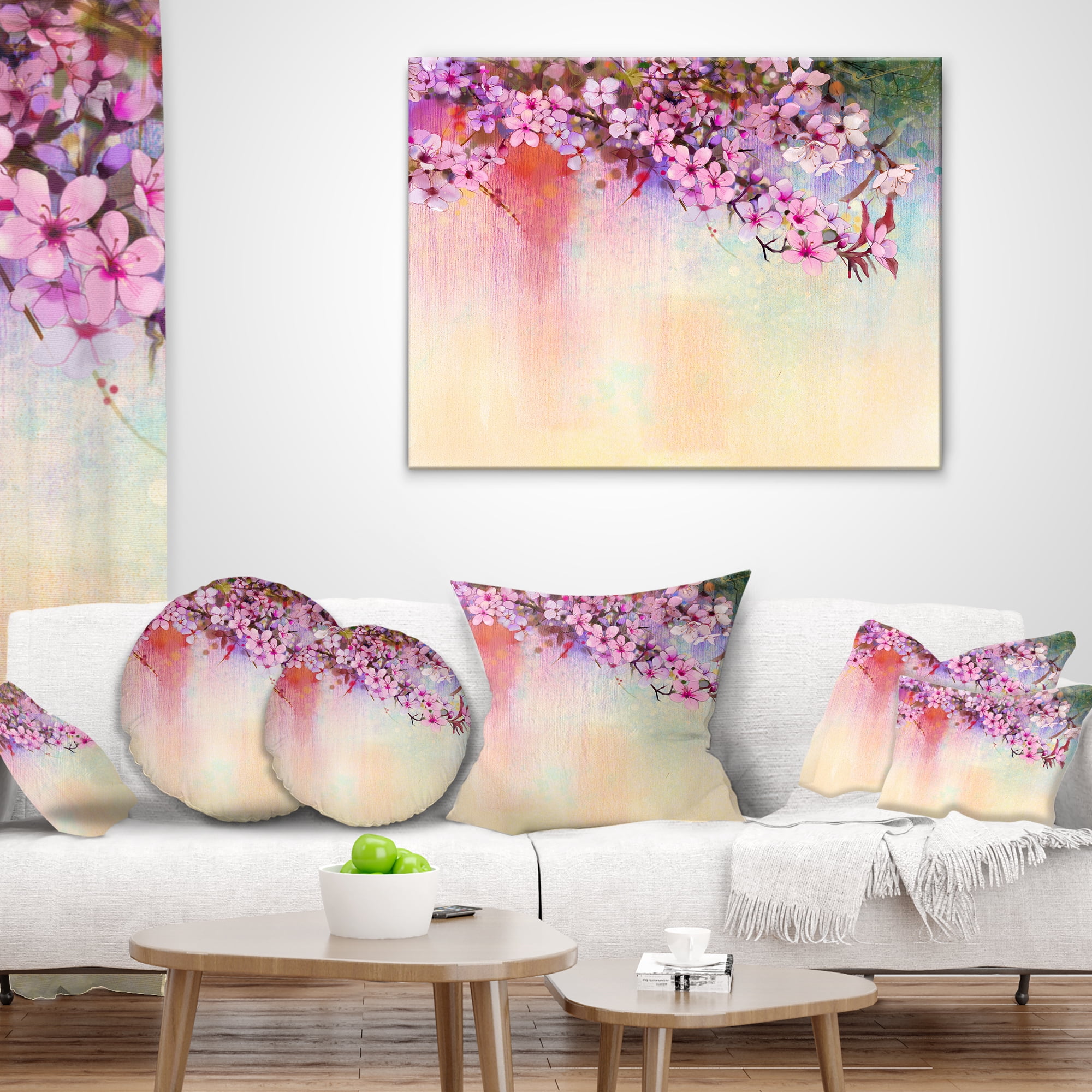 Designart Watercolor Painting Cherry Blossoms - Floral Throw Pillow - 16x16