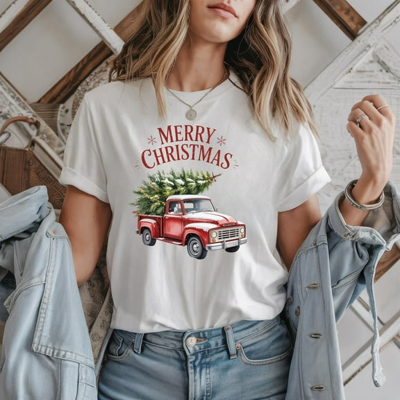 ChaChaCoo Vintage Red Truck Christmas T-Shirt, Merry Christmas Tree Tee, Retro Holiday Graphic Shirt, Christmas Gift for Men Women