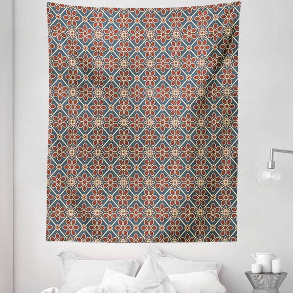 East Tapestry, Oriental Cultural Motif Swirled Curved Petals Wild Flora Themed Squares, Fabric Wall Hanging Decor for Bedroom Living Room Dorm, 5 Sizes, Dark Blue Burgundy, by Ambesonne