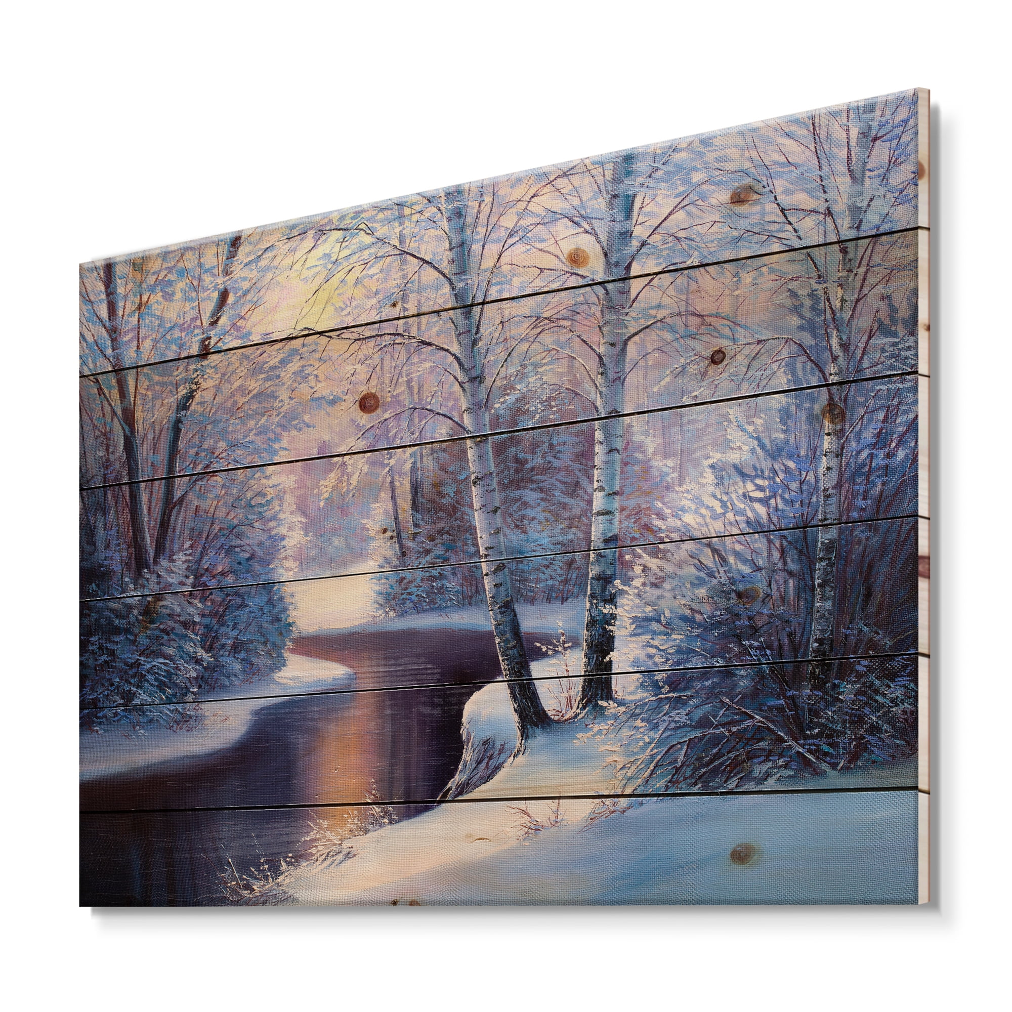Designart 'Christmas Forest With Trees and River I' Traditional Print on Natural Pine Wood