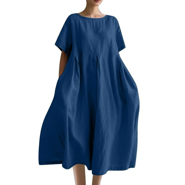 Robes Caftans en Coton et Lin pour Femmes Grande Taille à Manches Courtes Amples et Larges Robe Maxi Plissée à Volants Longue Robe Bleu, 5TG