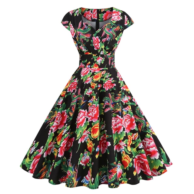 WILLBEST Vestidos Casuales para Mujer Verano Vestido de Fiesta Informal con Cuello En V y Manga Corta de Los Años 50 para Mujer Grande