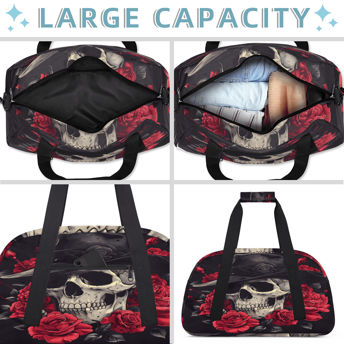 Herdesigns Skull Sports Duffle Bag for Women & Men, Floral Gothic Gym Bag Dance Bag Overnight Bag Carry On Weekender Travel Bag