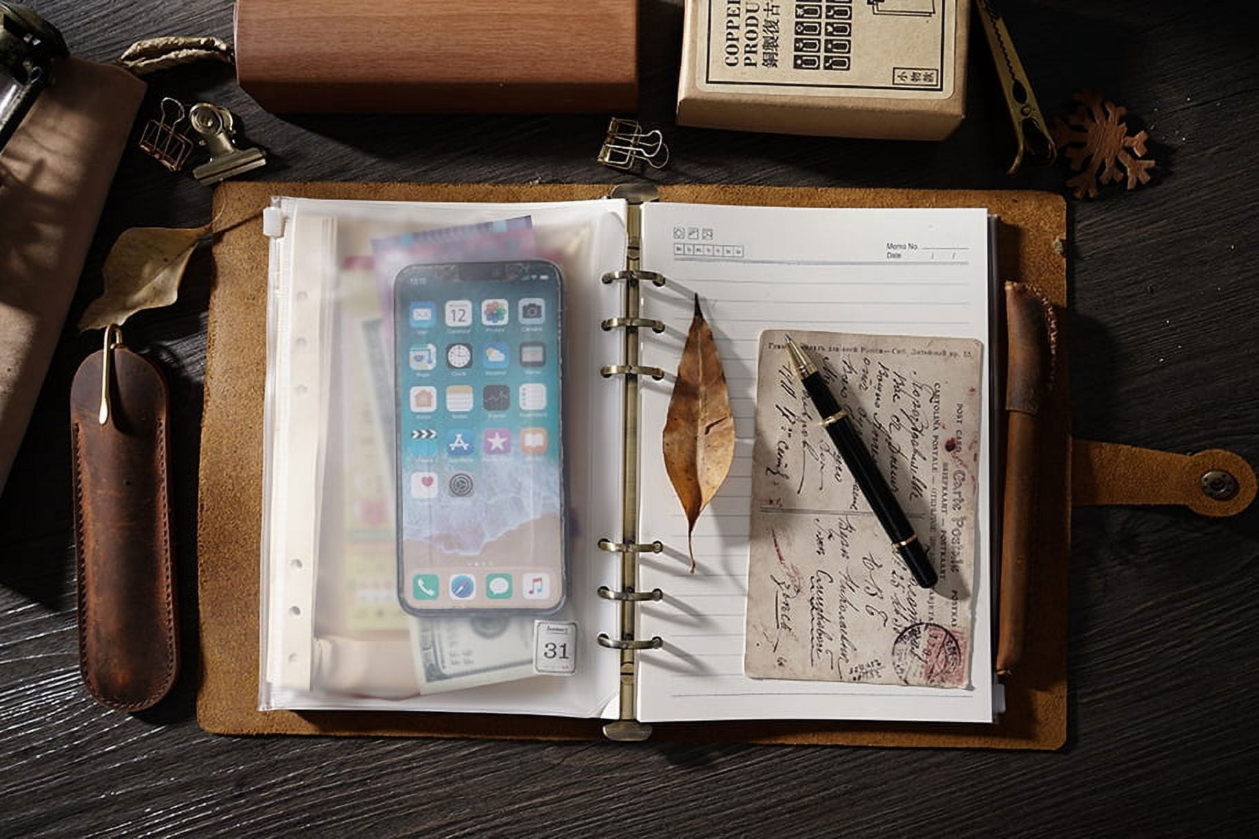 KISSKI·H Olvido A6 Binder Leather Journal Notebook, Refillable Travelers Notebook with Snap Button, 6 Ring Binder Writing Folio Cover, Versatile Diary/Planner/Sketchbook/Scrapbook, Dark brown