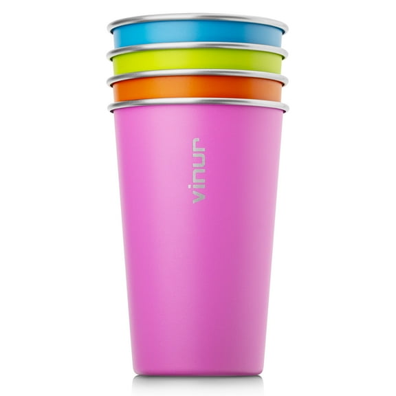 VINUR 4 Pack 16oz Stainless Steel Cups - Unbreakable & Stackable Metal Tumblers for Camping, Travel, Picnic - Rustproof Drinking Glasses (Sky Blue-Orange-Hot Pink-Apple Green)