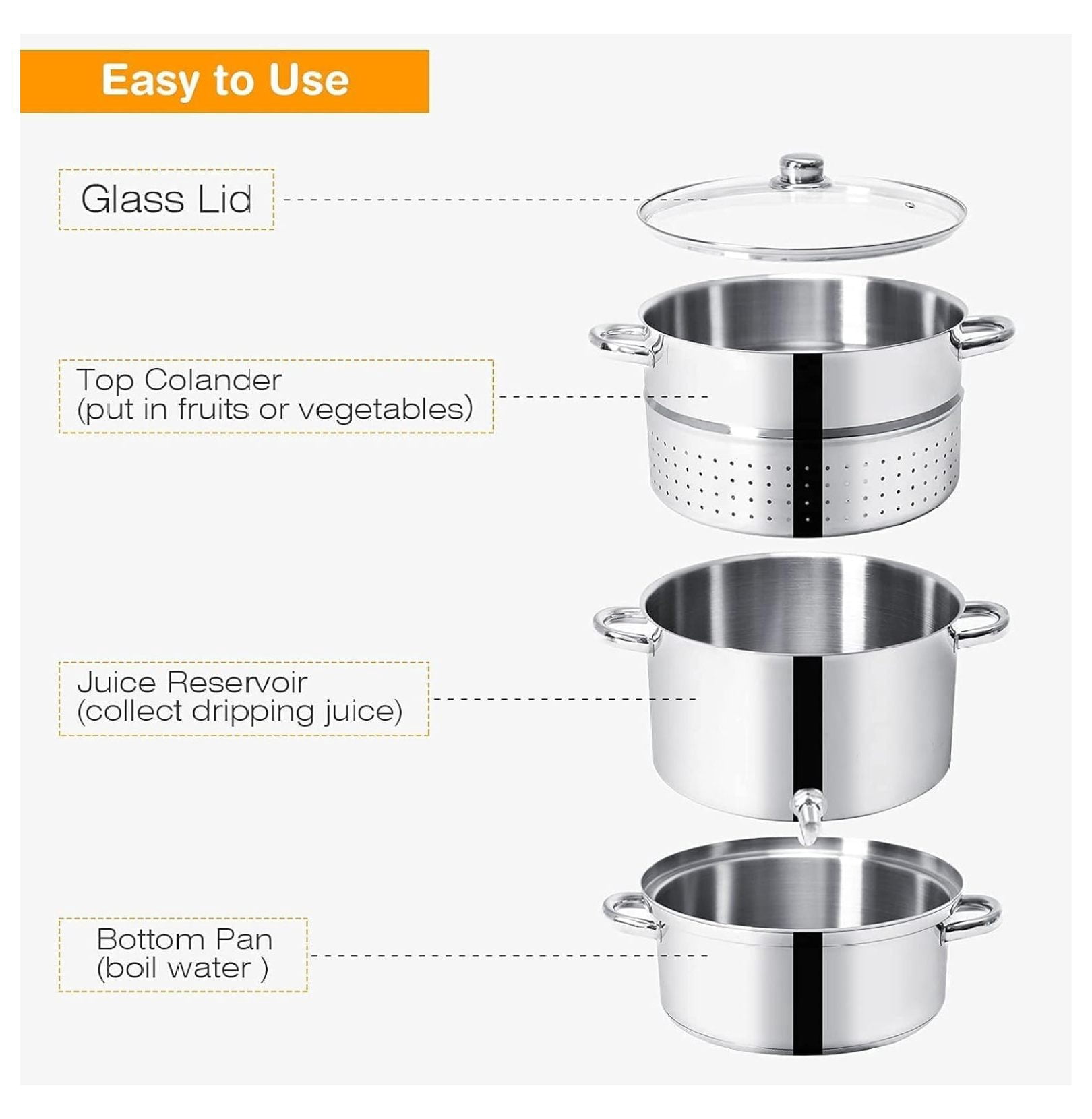 11-Quart Juicer Stainless Steel, Steamer Extractor Pot for Fruit Vegetable Canning with Tempered Glass Lid, Hose, Clamp, Loop Handles, Silver