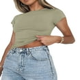 thumbnail image 3 of Femmes Manches Courtes Slim Cintré Casual Base Solide Pulls Tee Shirts Femme Streetwear Base Tees Tops Marron S, 3 of 6