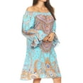 thumbnail image 3 of Sakkas Riza Women's Off Shoulder Long Sleeve Tunic Shirt Short Dress with Print - MTU293-Turq - One Size Regular, 3 of 5